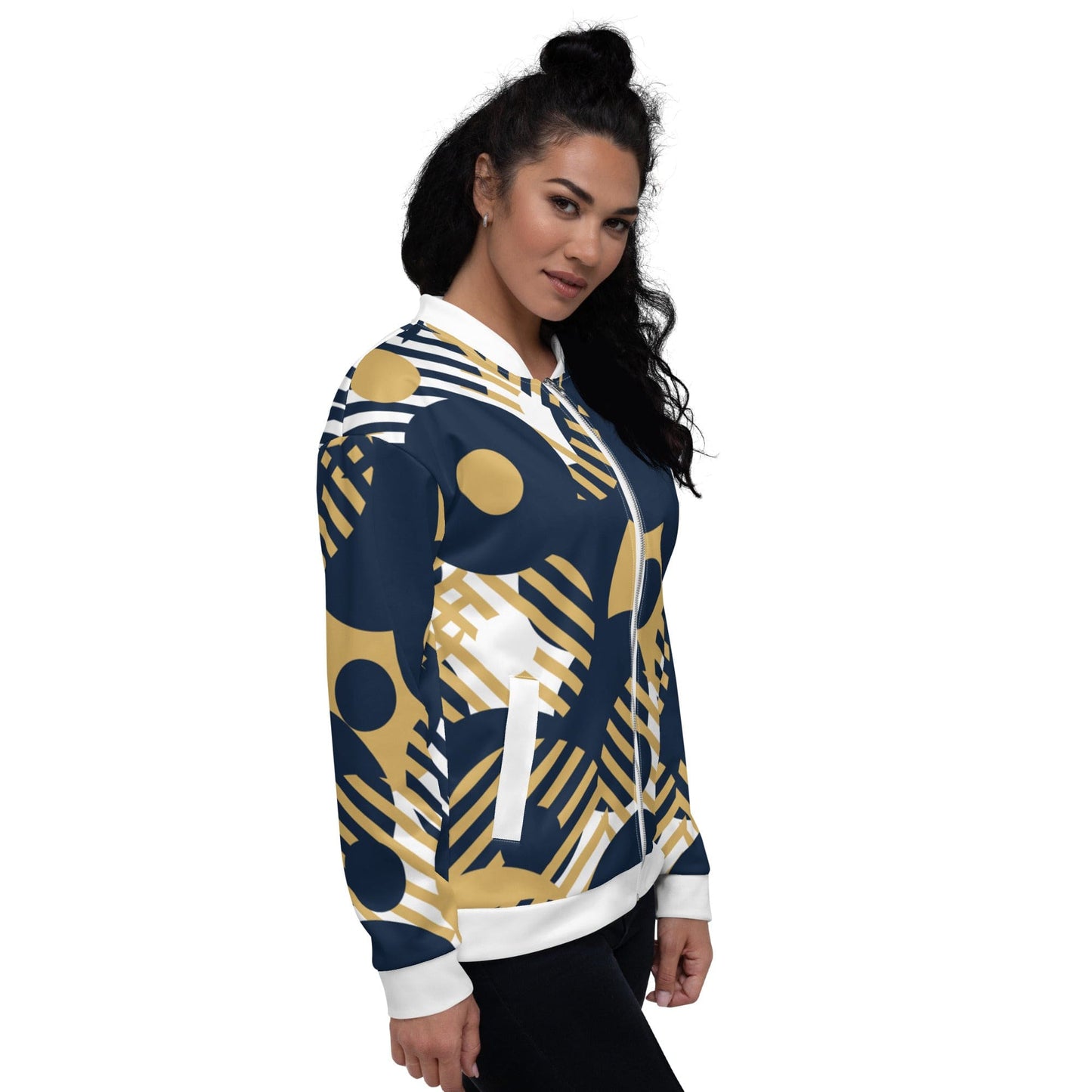 Womens Bomber Jacket, Blue & Gold Geometric Style - Scarvesnthangs