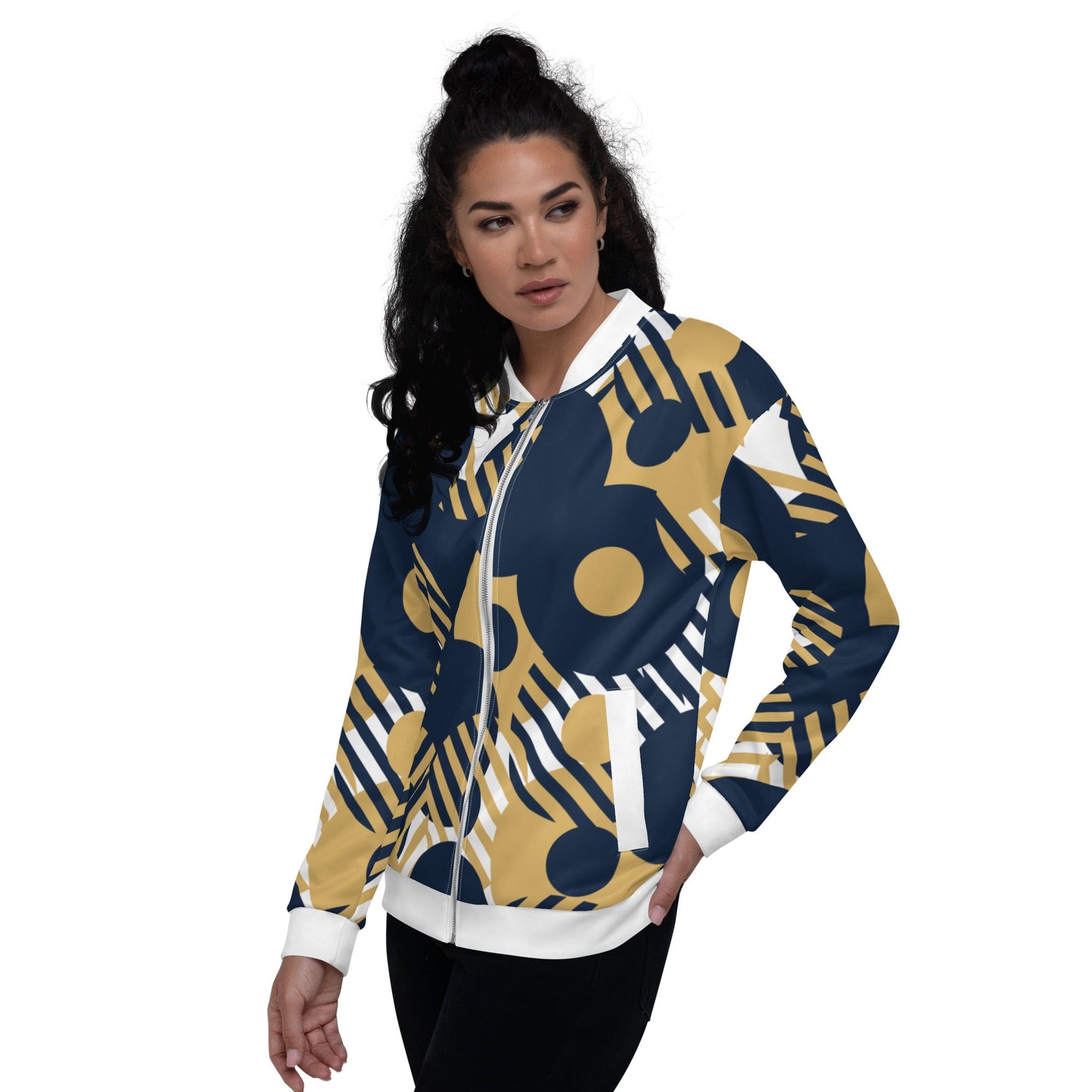 Womens Bomber Jacket, Blue & Gold Geometric Style - Scarvesnthangs