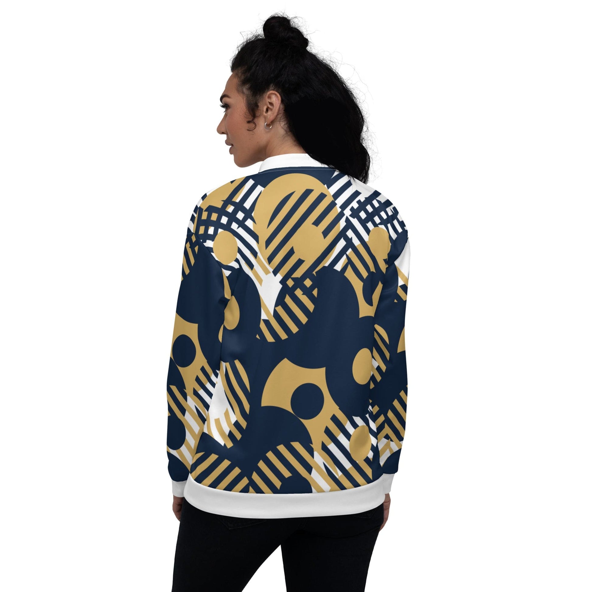 Womens Bomber Jacket, Blue & Gold Geometric Style - Scarvesnthangs