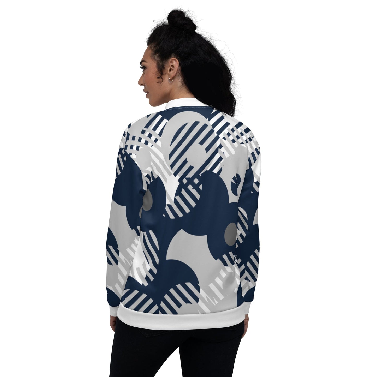 Womens Bomber Jacket, Blue & Grey Geometric Style-1