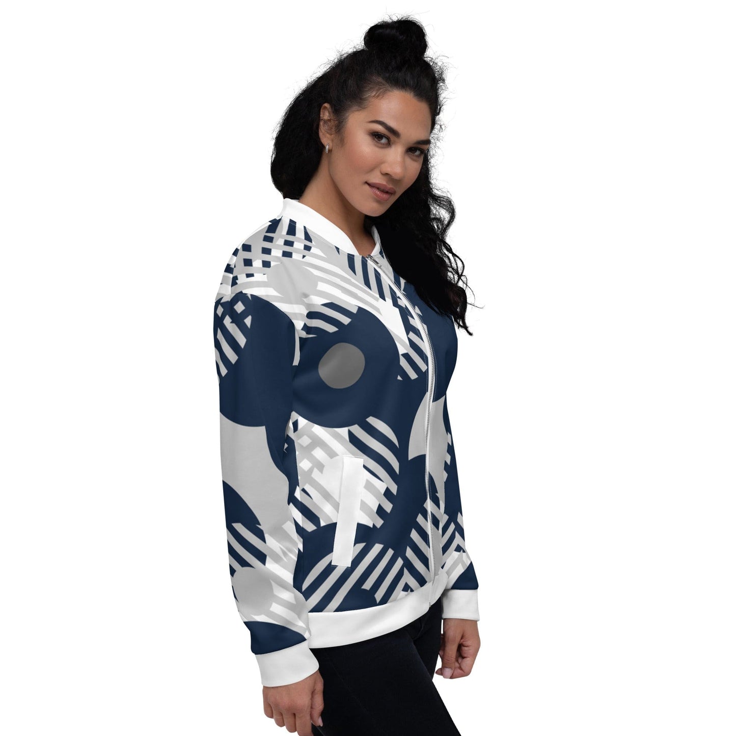 Womens Bomber Jacket, Blue & Grey Geometric Style-2