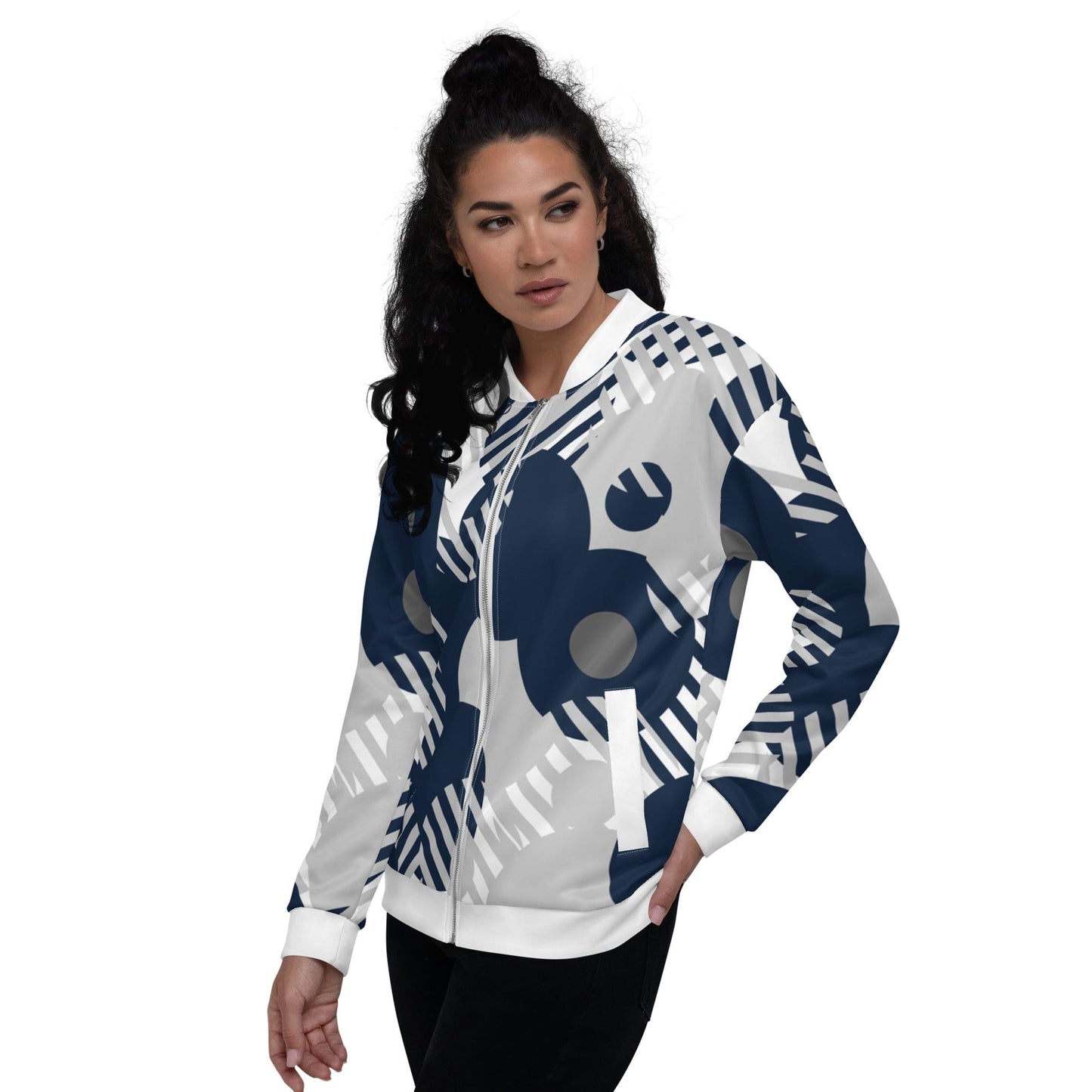 Womens Bomber Jacket, Blue & Grey Geometric Style-3