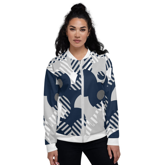 Womens Bomber Jacket, Blue & Grey Geometric Style-0