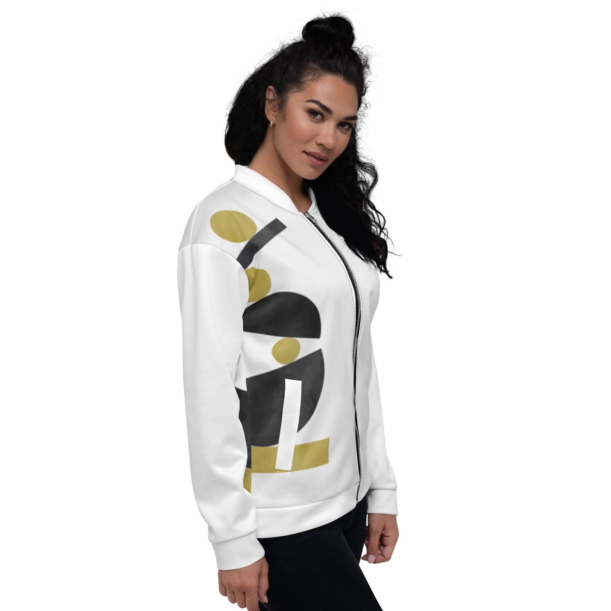 Womens Bomber Jacket, White & Gold Geometric Style - Scarvesnthangs