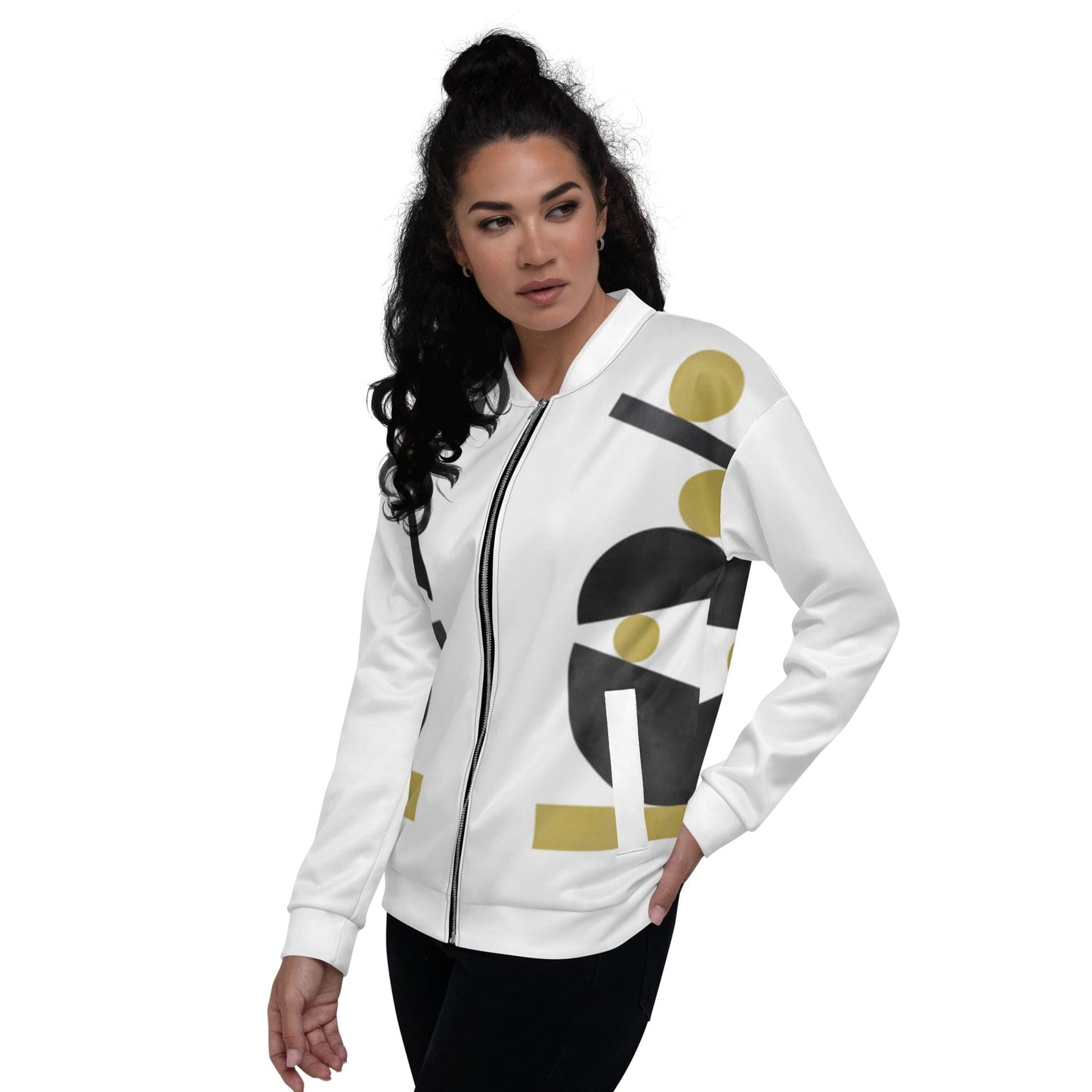 Womens Bomber Jacket, White & Gold Geometric Style - Scarvesnthangs