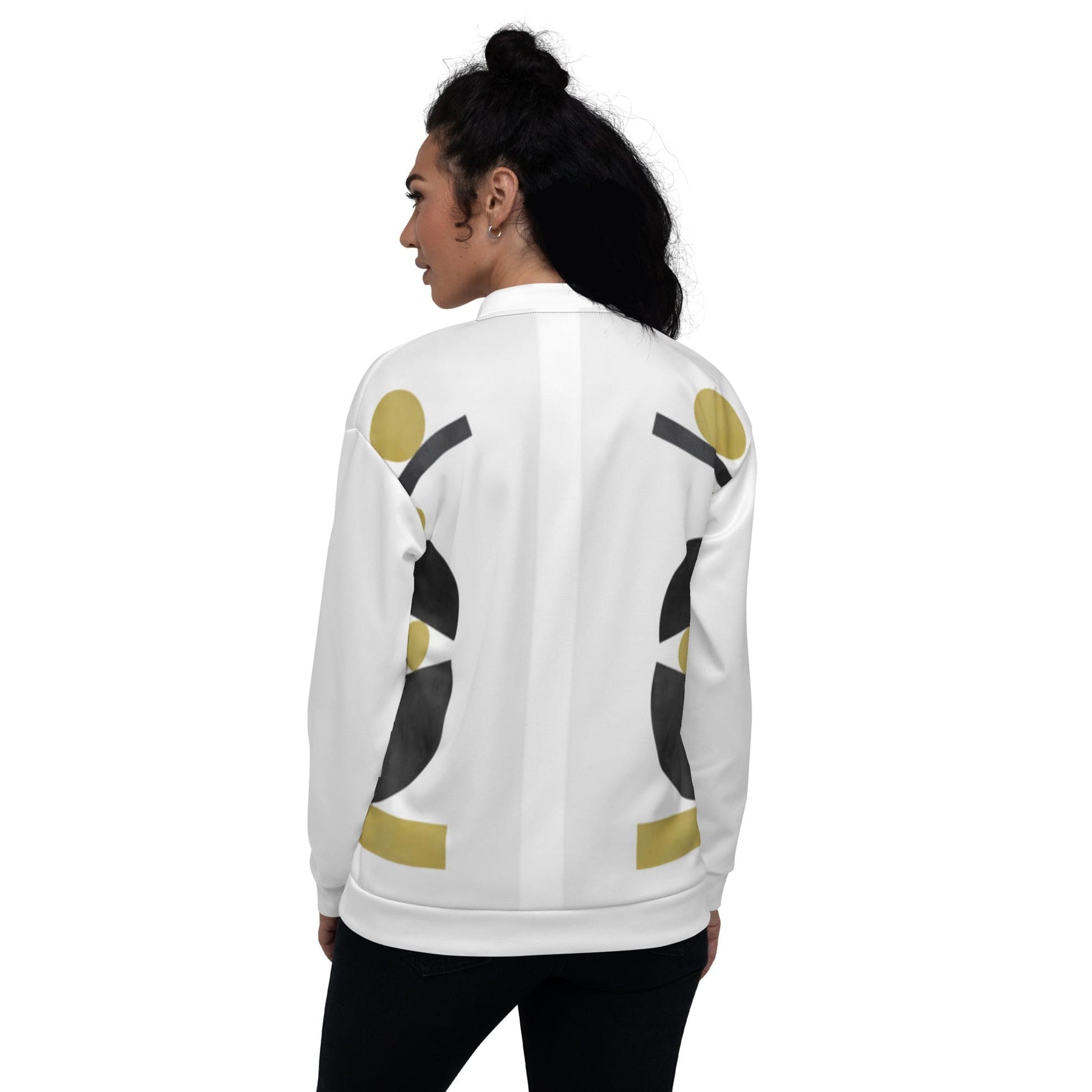 Womens Bomber Jacket, White & Gold Geometric Style - Scarvesnthangs