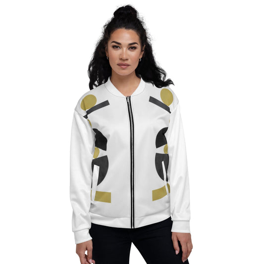 Womens Bomber Jacket, White & Gold Geometric Style - Scarvesnthangs