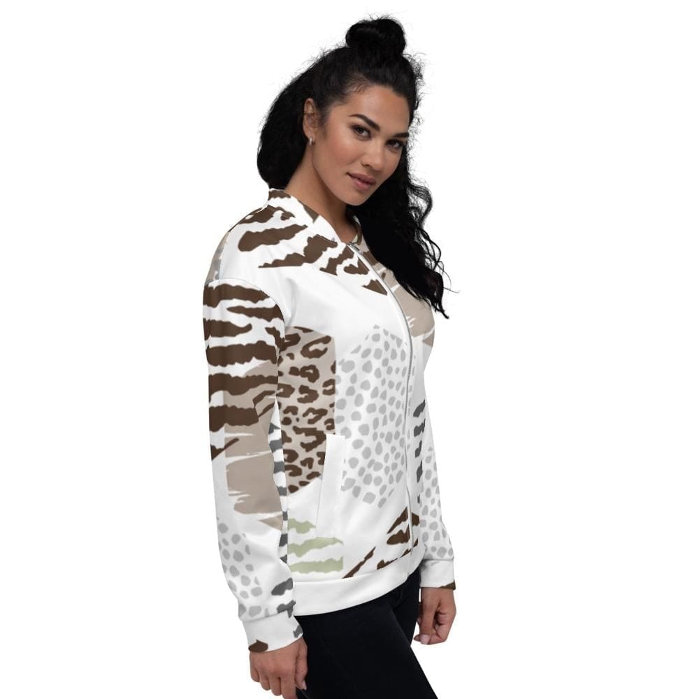 Womens Bomber Jacket White/Taupe Geometric - Scarvesnthangs