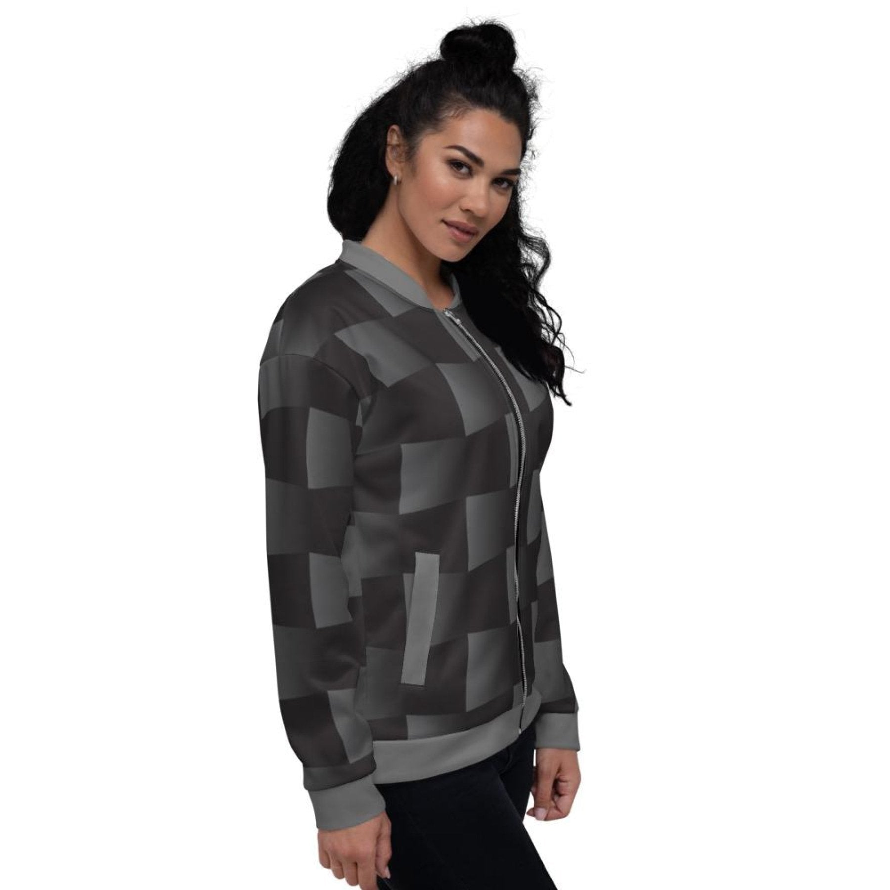 Womens Jacket - Black And Gray 3D Square Style Bomber Jacket - Scarvesnthangs