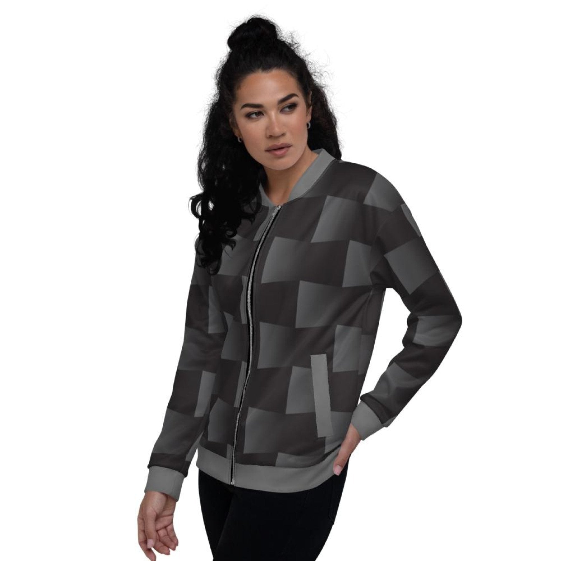 Womens Jacket - Black And Gray 3D Square Style Bomber Jacket - Scarvesnthangs