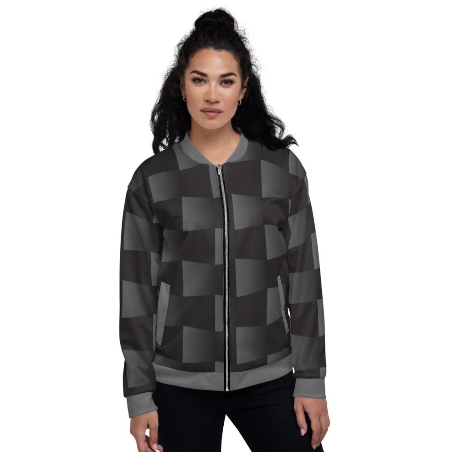 Womens Jacket - Black And Gray 3D Square Style Bomber Jacket - Scarvesnthangs