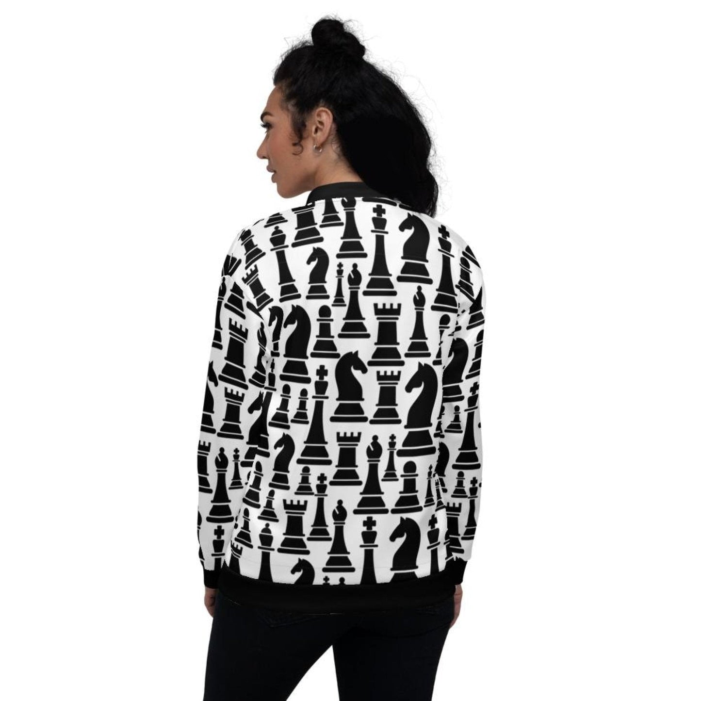 Womens Jacket - Black And White Chess Style Bomber Jacket-1