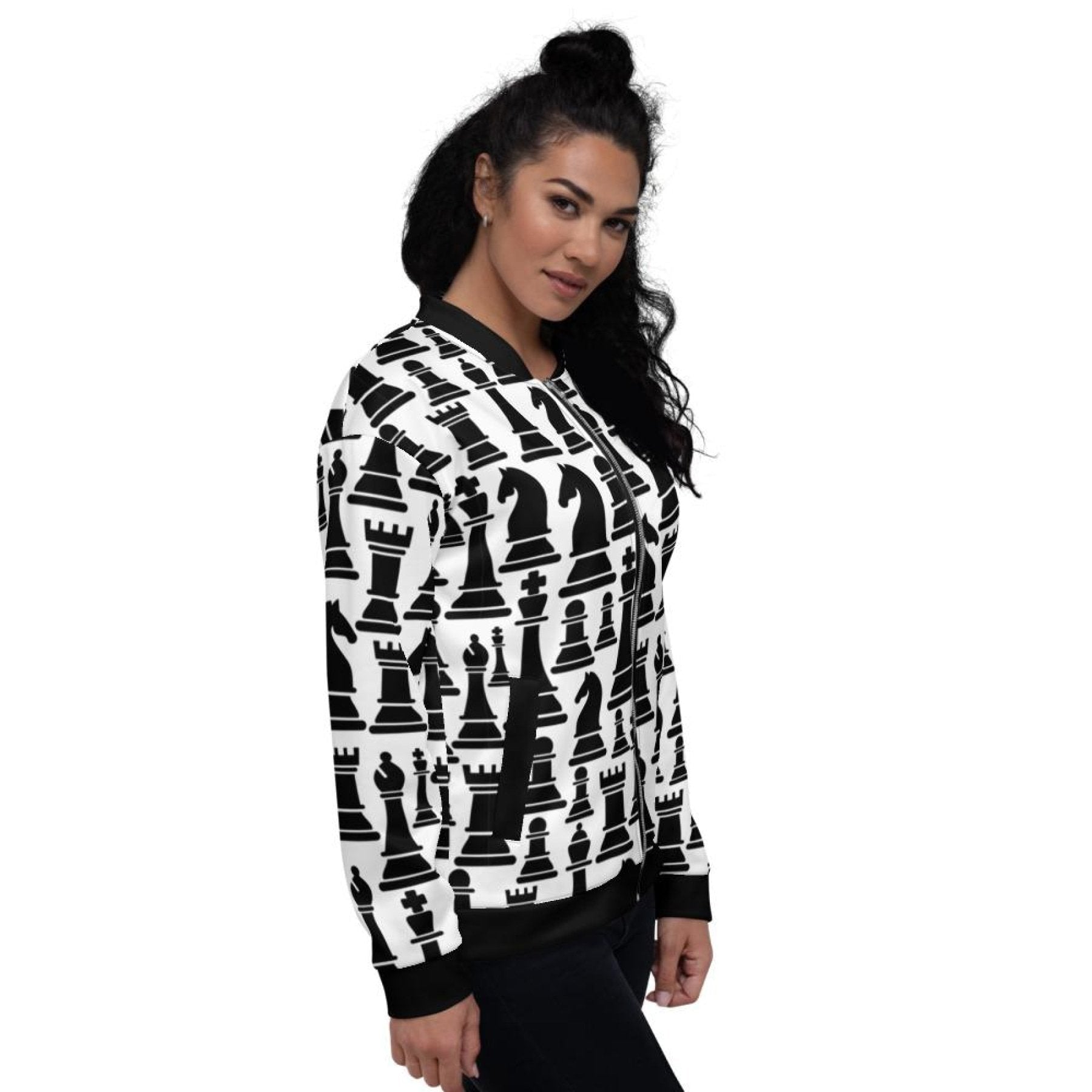 Womens Jacket - Black And White Chess Style Bomber Jacket-2