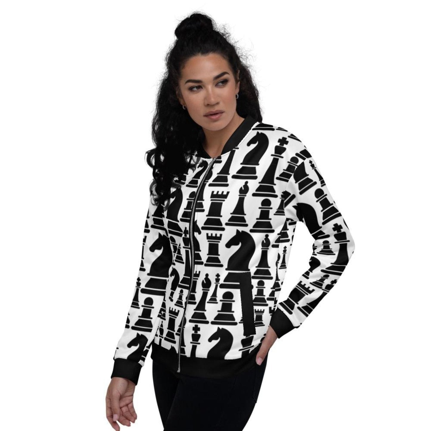 Womens Jacket - Black And White Chess Style Bomber Jacket-3