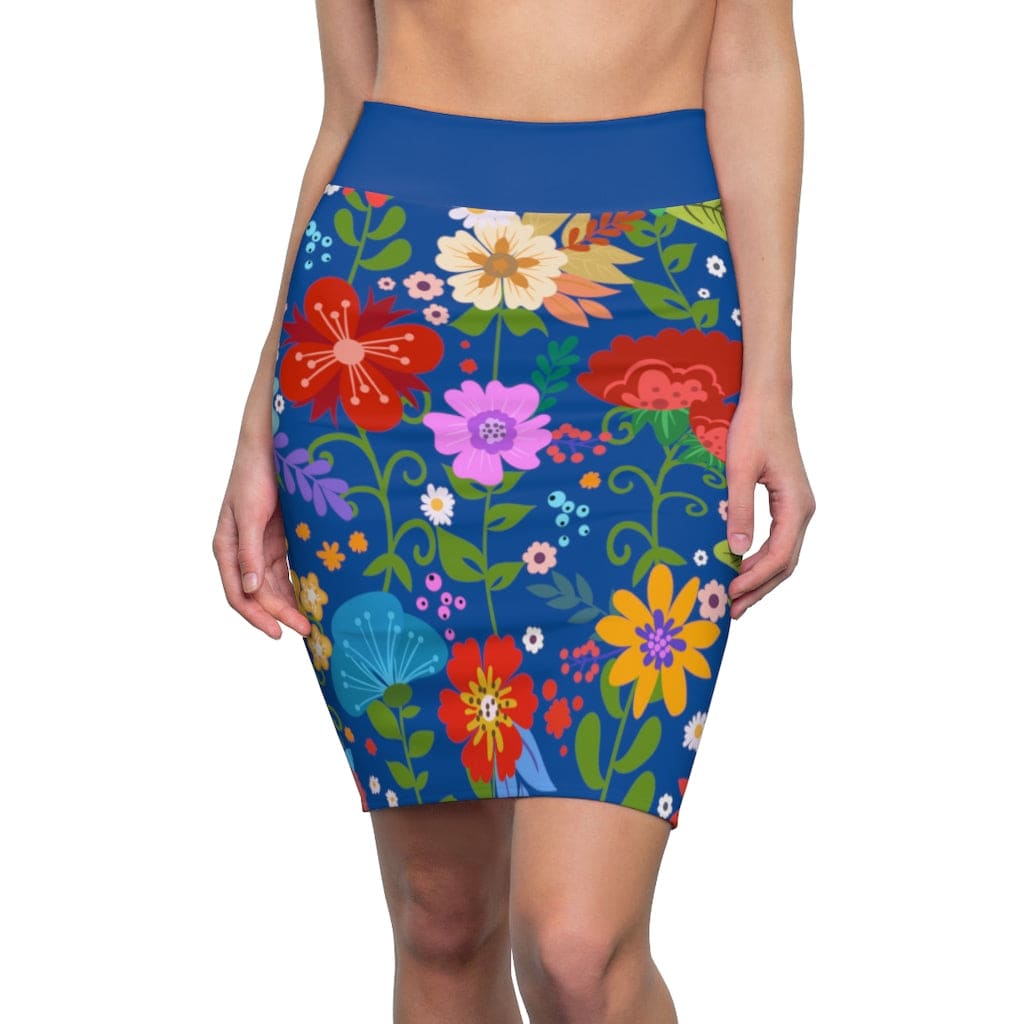 Womens Pencil Skirt, High Waist Stretch, Multicolor Floral Print, Blue - Scarvesnthangs