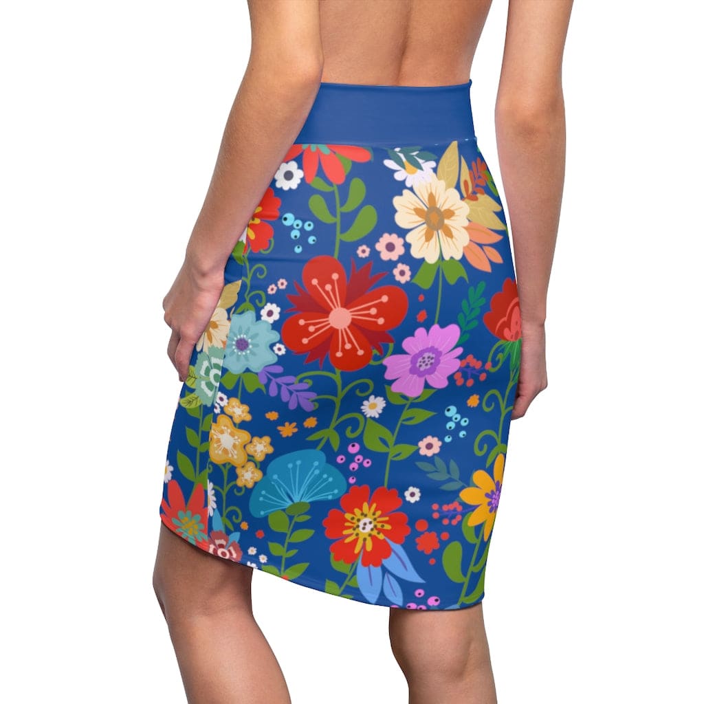 Womens Pencil Skirt, High Waist Stretch, Multicolor Floral Print, Blue - Scarvesnthangs