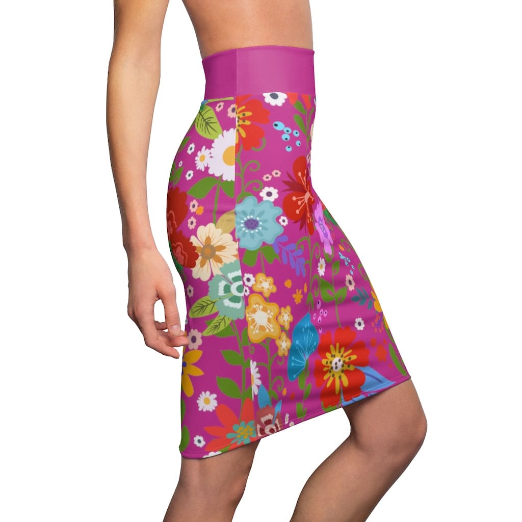 Womens Pencil Skirt, High Waist Stretch, Multicolor Floral Print, Pink - Scarvesnthangs