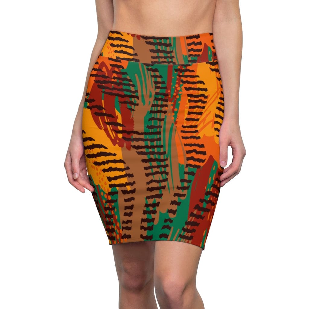 Womens Pencil Skirt, Orange Safari Stretch Mini - Scarvesnthangs