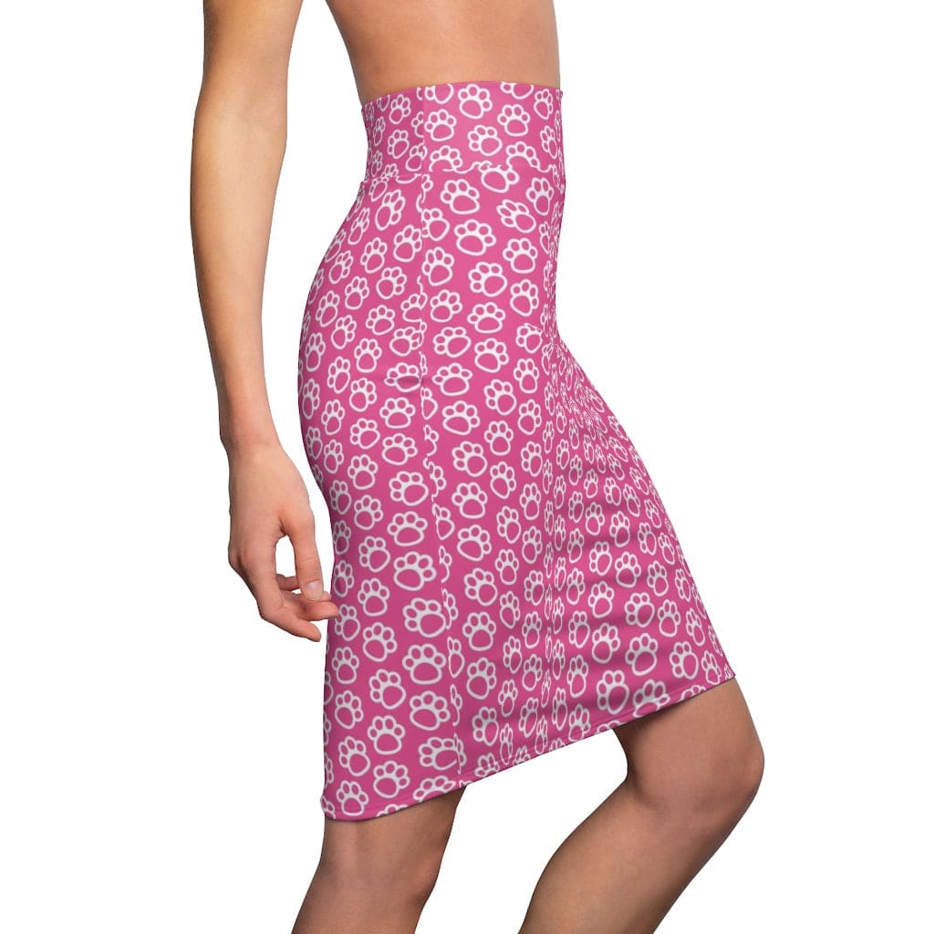 Womens Pencil Skirt, Pink and White Paws Stretch Mini, S294025 - Scarvesnthangs