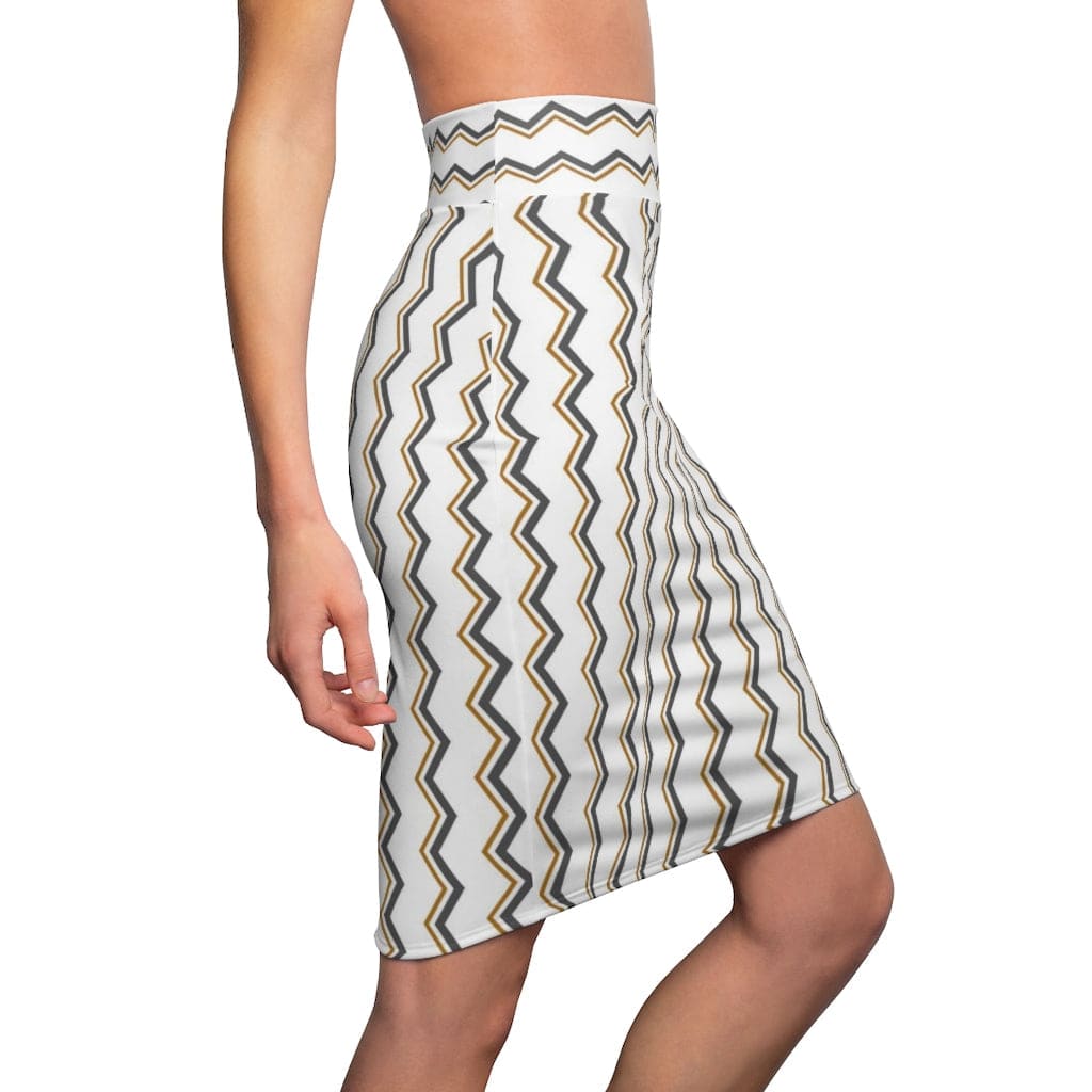 Womens Pencil Skirt, White and Beige Stripes Stretch Mini - Scarvesnthangs