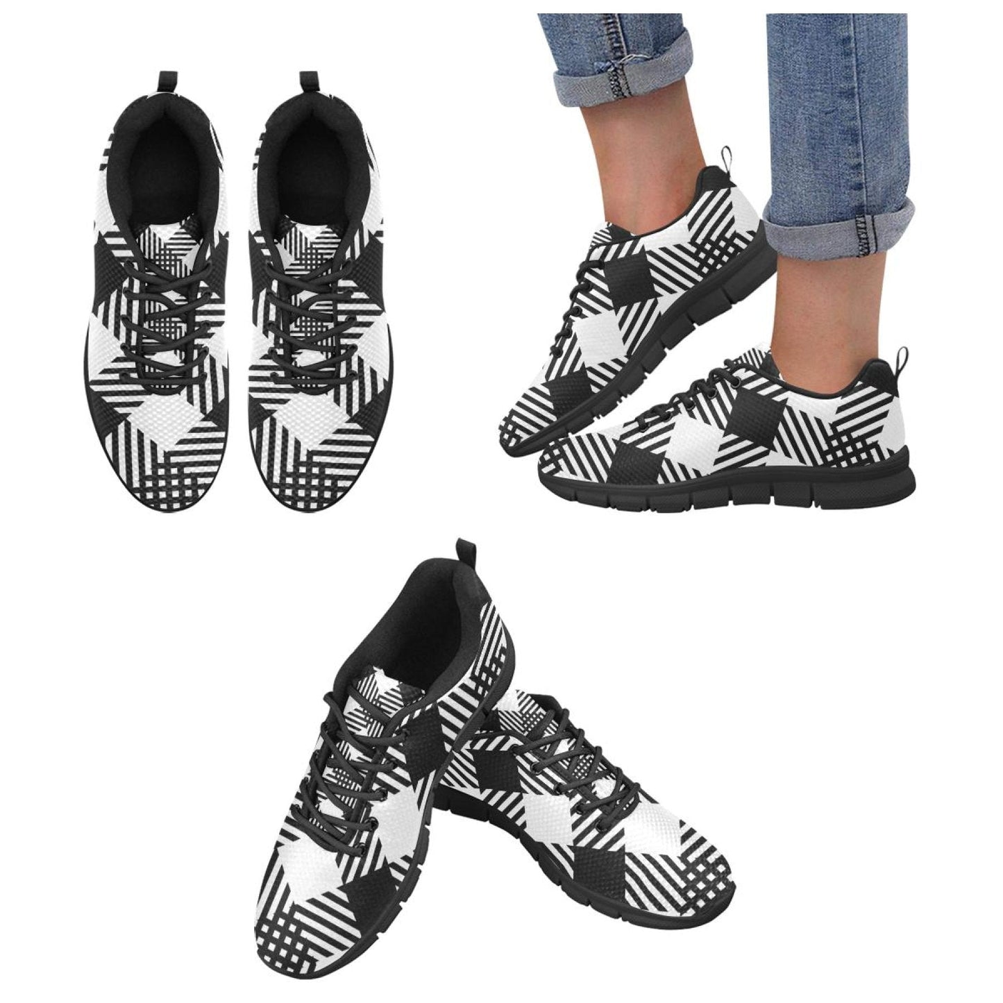 Womens Sneakers, Black and White Plaid Print Running Shoes-3