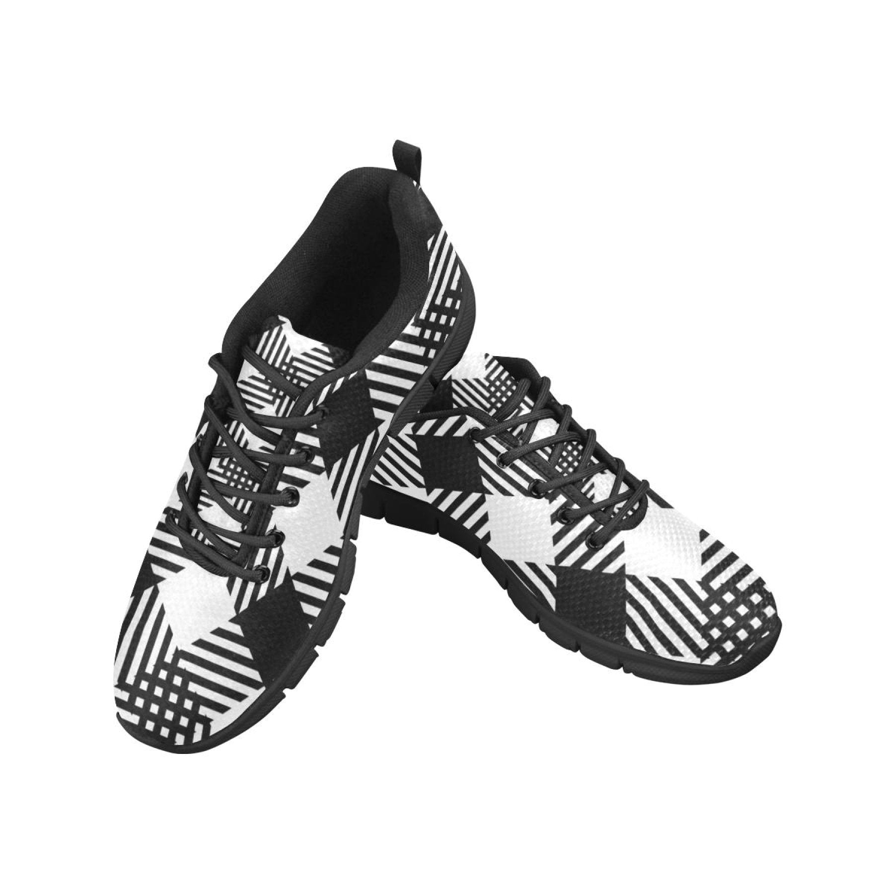 Womens Sneakers, Black and White Plaid Print Running Shoes-2