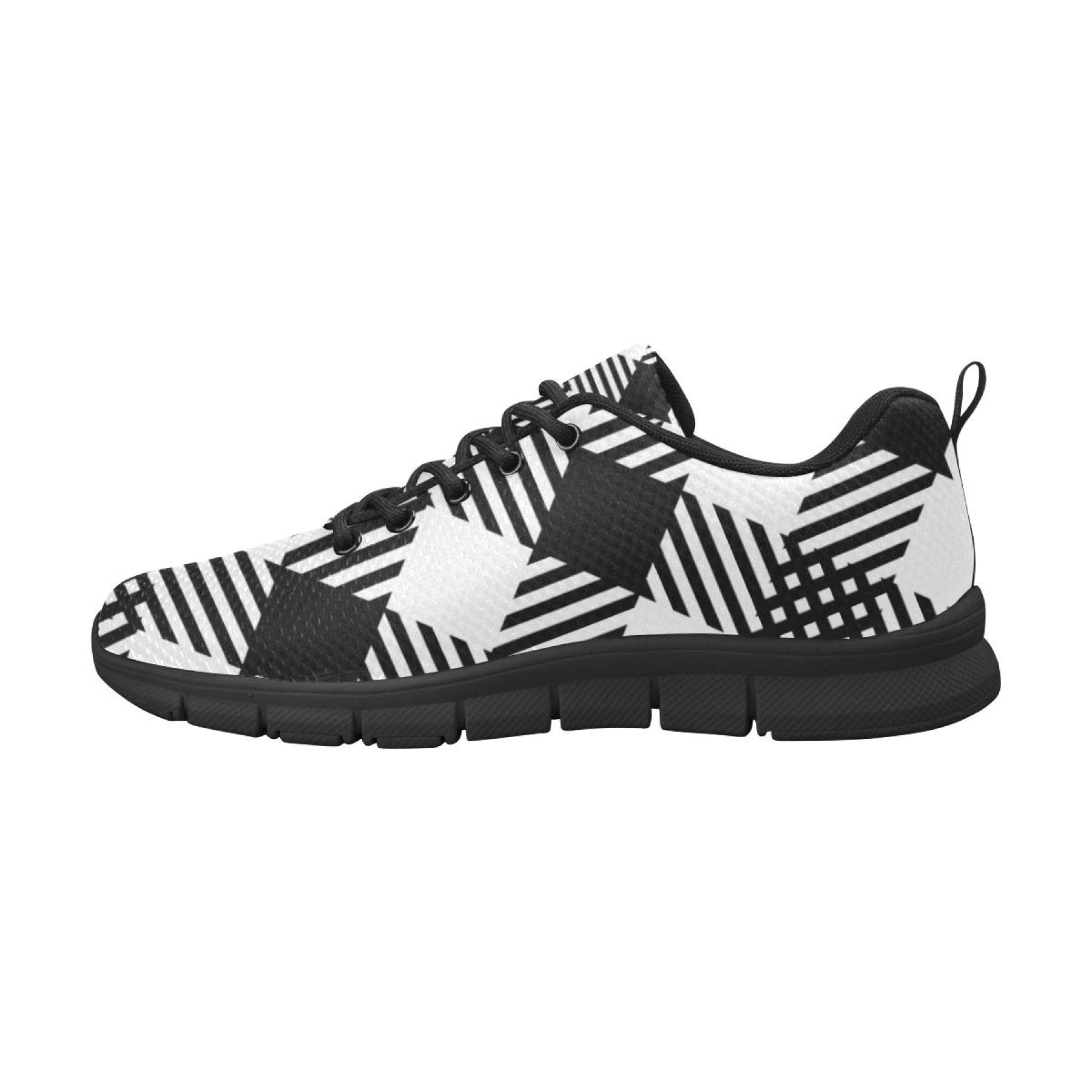 Womens Sneakers, Black and White Plaid Print Running Shoes-1